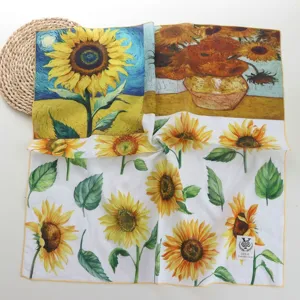 Van Gogh sunflower print silk square scarf, 64cm artistic twill neckerchief for women.