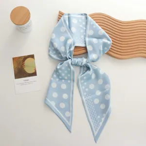 Light blue polka dot skinny silk scarf, elegant neckerchief for women suit shirt accessory.