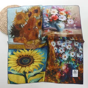 Van Gogh artistic silk square scarf 64cm twill silk elegant floral neckerchief for women.
