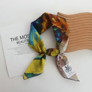 Artistic Van Gogh oil painting print square scarf detail, showing exquisite fabric texture and hem.