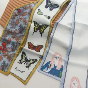 Chic French style long silk scarf hair ribbon with cute butterfly and botanical print for women.