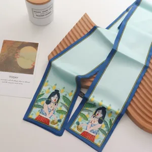 French style long silk hair scarf with chic vintage illustration, elegant hair band for women.