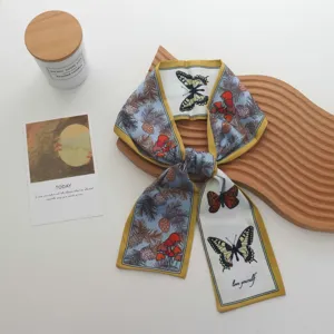 Chic silk hair scarf twilly with elegant butterfly and mushroom print for women fashion styling.
