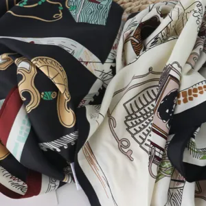 Exquisite twill imitation silk triangle scarf with vintage carriage print detail for women.