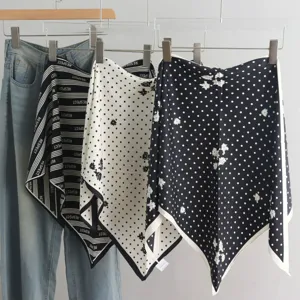 Luxury Women Large Triangle Scarf Soft Polyester Satin Shawl Elegant Polka Dot Letter Stripe Print Office Lady Neck Wrap