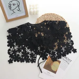 Black hollow lace fake collar shawl, spring summer floral crochet detachable cape scarf for women