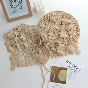 Summer hollow out floral crochet fake collar shawl, elegant lace tie-up clothing accessory.