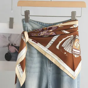 Equestrian print silk triangle scarf, elegant vintage brown fashion neck wrap waist accessory