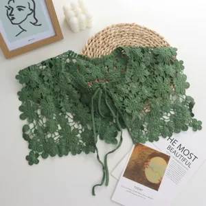 Green crochet hollow lace shawl fake collar floral vintage layering cape for women spring summer