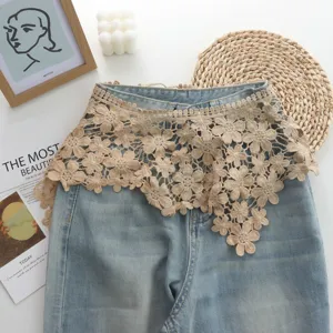 Denim crochet lace waist skirt overlay, chic spring summer floral fake collar wrap decoration