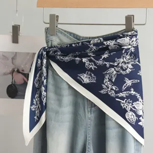 Blue white floral print silk feel scarf elegant triangle waist wrap versatile fashion accessory