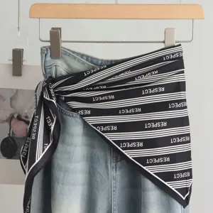 Elegant black and white striped triangle scarf for women, soft silk twill neck wrap.