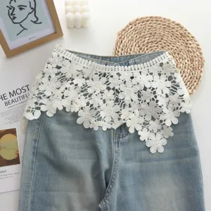 Detailed view of white floral lace hollow shawl fake collar layered piece for women spring summer.
