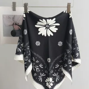 Black and white floral print triangle scarf, versatile waist accessory for women layering.
