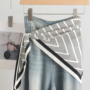 Black and white striped triangle scarf, elegant twill silk neckerchief for office women.