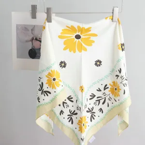 White floral silk scarf with yellow daisies, versatile triangle waist scarf for stylish outfits.