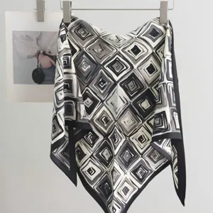 Geometric print silk triangle scarf for women, chic layered waist accessory and fashion wrap.