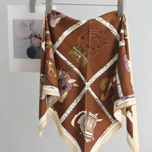 Elegant brown imitation silk triangular scarf with classic retro equestrian print design for women.