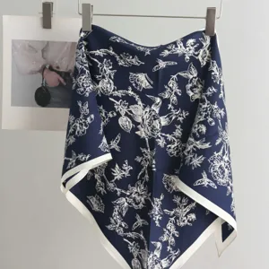 Blue floral print silk square scarf elegant women neckerchief fashion accessory