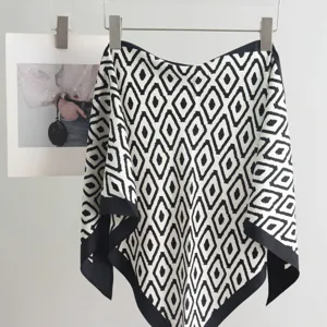 Black and white diamond print triangle scarf, versatile faux silk fashion neckerchief accessory.