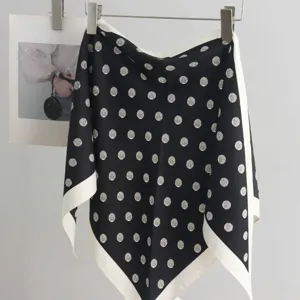 Chic black and white polka dot silk scarf, elegant square scarf, versatile waist accessory.