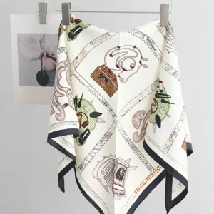 Elegant twill silk scarf with artistic print and black border, perfect for spring autumn.