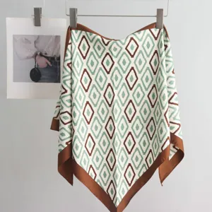 Green geometric diamond print imitation silk scarf, stylish triangular scarf detail accessory.