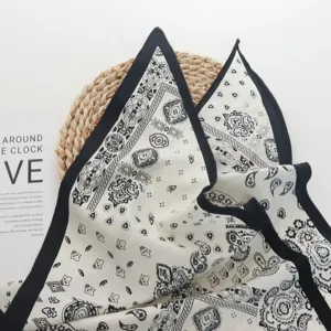 Black and white paisley print silk scarf, elegant triangle neck scarf for women and daily wear.