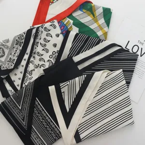 European print imitation silk scarf, stylish neckerchief and headwrap for commuting wear.