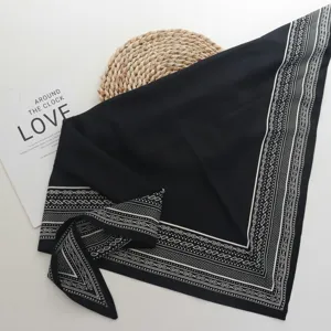 Black paisley print triangular scarf twill imitation silk headscarf neck scarf for women.