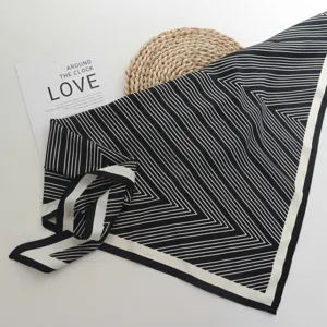 Black and white striped silk scarf, elegant triangular neck scarf, fashion hair band for women.