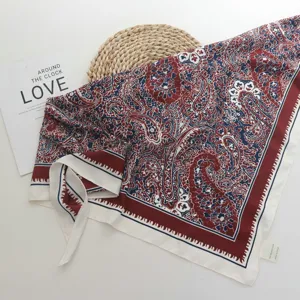 European vintage paisley print square silk scarf for women stylish neckerchief accessory.