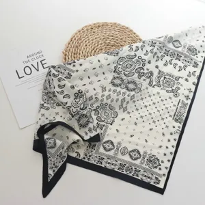 Black and white paisley print square scarf, elegant satin-like neckerchief for women.