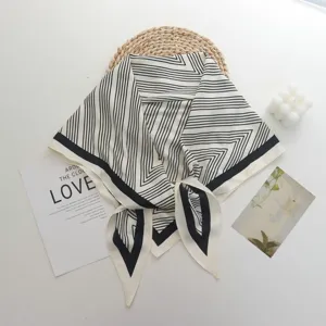 Black and white striped geometric triangle silk scarf, elegant neckerchief for daily commute.