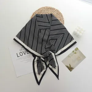 Classic black and white striped silk feel triangular scarf, elegant neckerchief for women.
