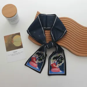 Dark blue skinny silk scarf stylish hair ribbon artistic star girl print twilly for women