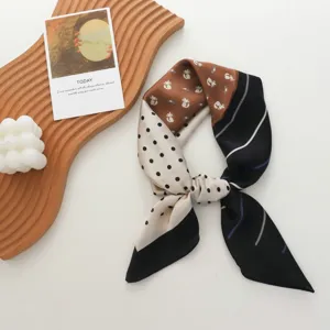 Eleganter Seidenschal mit Katzen-Muster und Punkten, vielseitiges Halstuch für Damen neu.