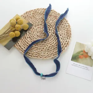 Blue fabric ribbon necklace with cute elephant pendant bohemian style delicate jewelry accessory