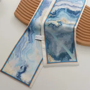Pañuelo de seda estrecho con estampado abstracto azul, cinta larga elegante para el pelo.