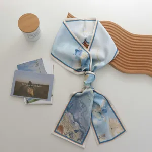 Pañuelo de seda con estampado abstracto azul, cinta estrecha de cuello para mujer, accesorio.