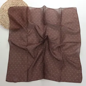Brown polka dot square scarf, vintage cotton neckerchief for women spring and summer fashion.