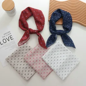 Vintage polka dot and geometric pattern small square scarves, ideal for neck or head decoration.