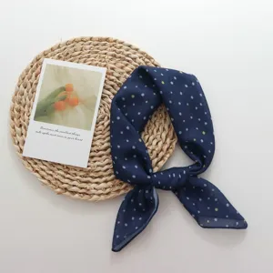 Navy blue polka dot square scarf, vintage lightweight neckerchief and stylish hair accessory.
