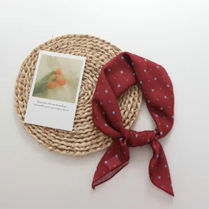 Retro polka dot small square scarf for women, elegant cotton-linen feel neckerchief and hair band.