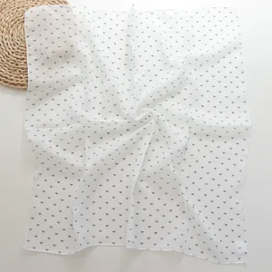 White cotton linen feel small square scarf with grey triangle patterns for women neck decor.