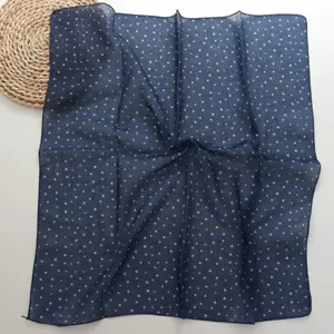 Retro dark blue polka dot small square scarf, cotton linen feel neck scarf for women.