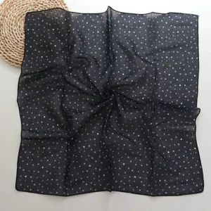 Vintage black and white polka dot square scarf for women, chic cotton linen neckerchief.
