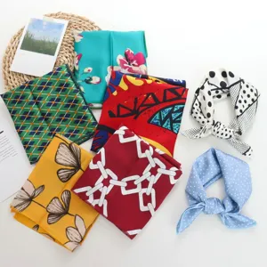 Elegant Polyester Satin Square Scarf For Women Geometric Striped Polka Dot Printed Headscarf Hair Bandana Shirt Neck Accessory