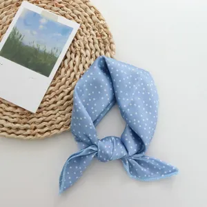 Blue polka dot silk scarf detail, smooth imitation silk texture, elegant decorative neckerchief.