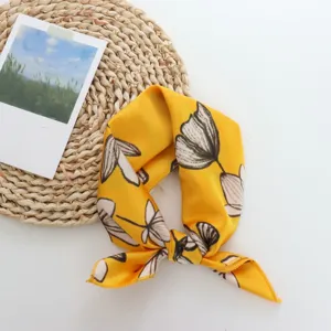 Yellow floral print imitation silk small square scarf, versatile hair tie and neck decoration.